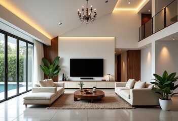 ロフトスタイルのインテリアデザイン：モダンなフレンチスタイル、中国の要素、明るい照明、天井まで伸びるシームレスなテレビの壁を備えたフォトリアリスティックなヴィラのリビングルーム。

