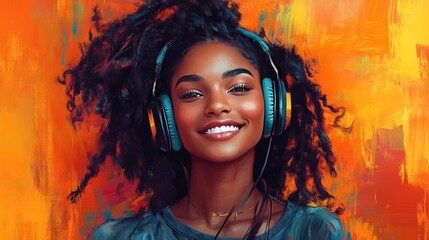 Portrait of a young woman with headphones, smiling with a slight tilt of her head, surrounded by a vibrant orange background