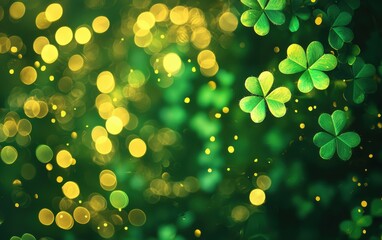 Minimalistic abstract clover-shaped bokeh effect in golden and green hues for Saint Patricks Day, with space for text