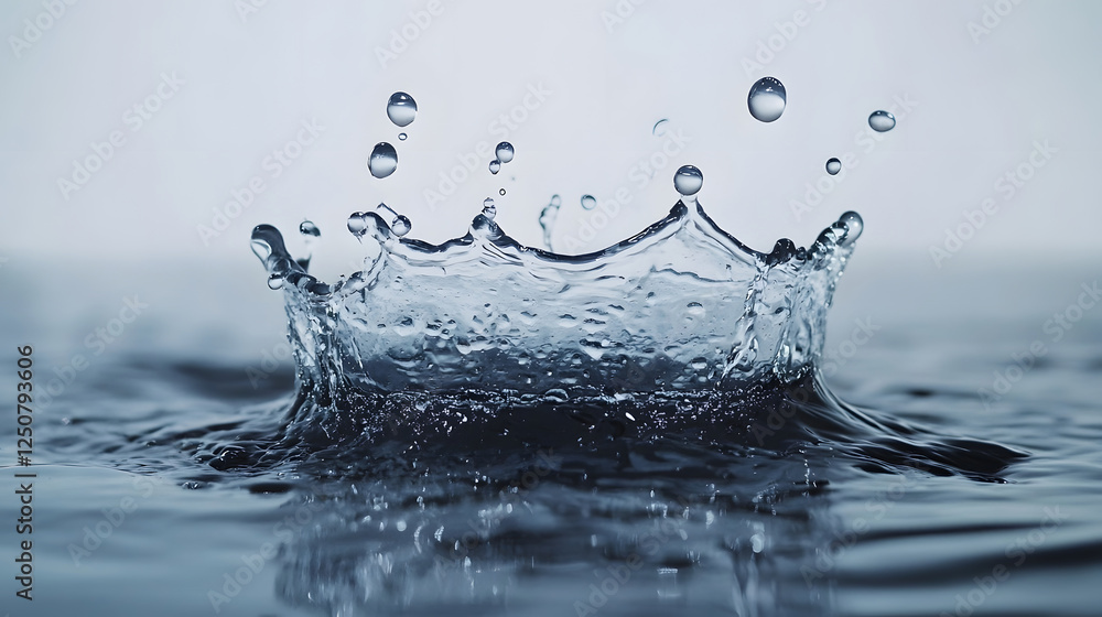 Poster splash of water droplets forming a crown like effect on a smooth shiny surface  The transparent liquid creates dynamic elegant patterns in a minimalist natural design