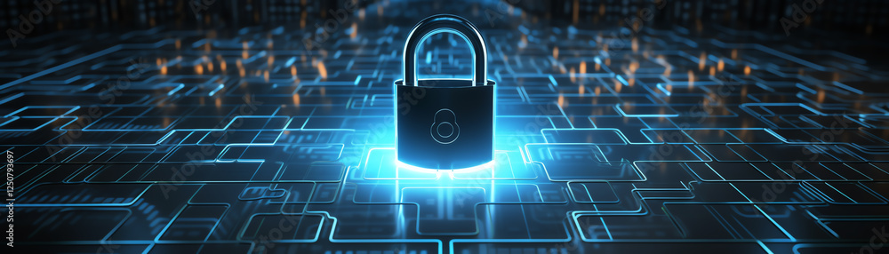 Poster a digital lock glows in a high-tech environment, symbolizing cybersecurity and data protection in a 