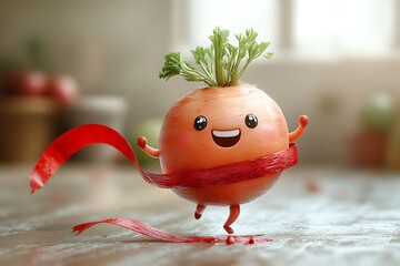 Cartoonish radish character with a cheerful expression holding a red envelope and standing on a textured surface.