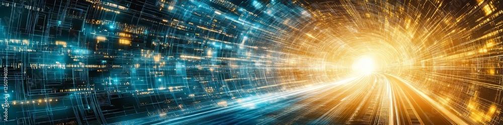 Aufkleber abstract vector design with glowing orange and cyan electronic circuits in tunnel perspective