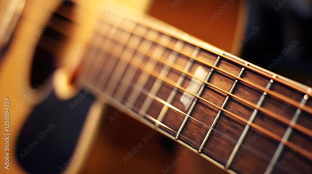 Poster macro shot of a beautifully crafted acoustic guitar showcasing its strings and wood grain : generati