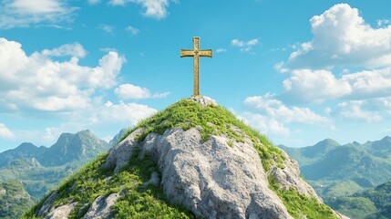 Golden Cross on Mountaintop Sunny Landscape