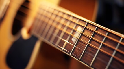 Macro shot of a beautifully crafted acoustic guitar showcasing its strings and wood grain : Generative AI