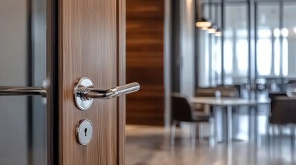 Obraz premium Modern office door handle, open door to a blurred meeting room.