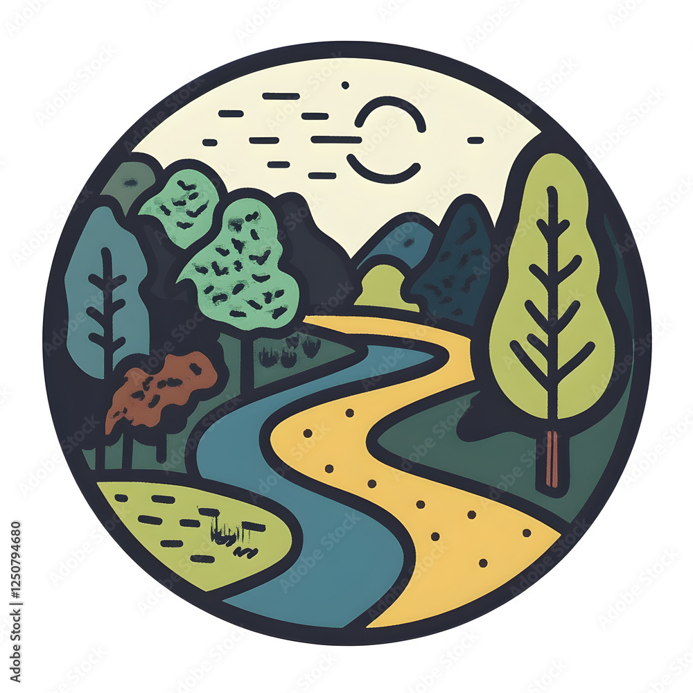 Poster linear icon with path winding through a forest