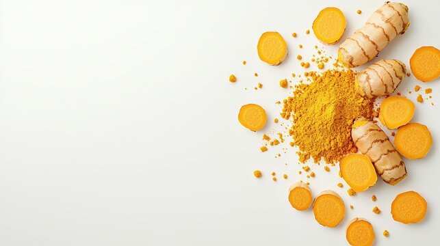Golden Turmeric Root And Powder On White Background