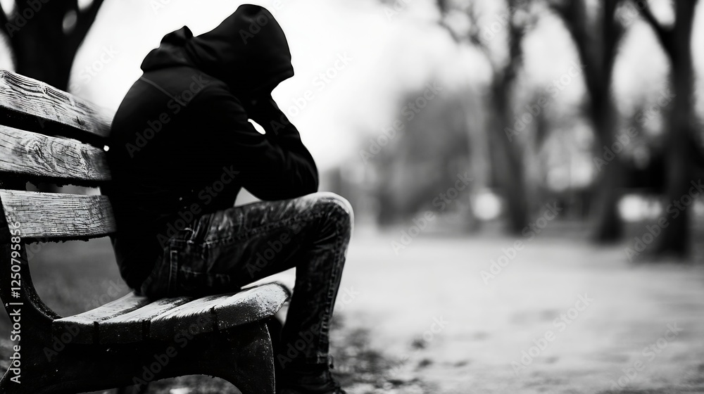 Poster lonely figure sitting on a park bench with a hood covering their head in a monochromatic setting : g