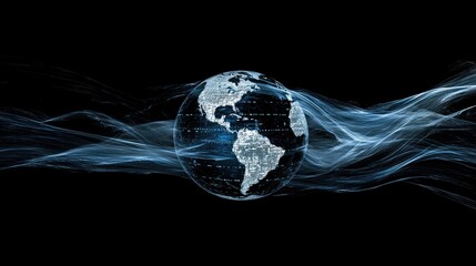 Ethereal Global Network Concept with Flowing Light Waves and Earth