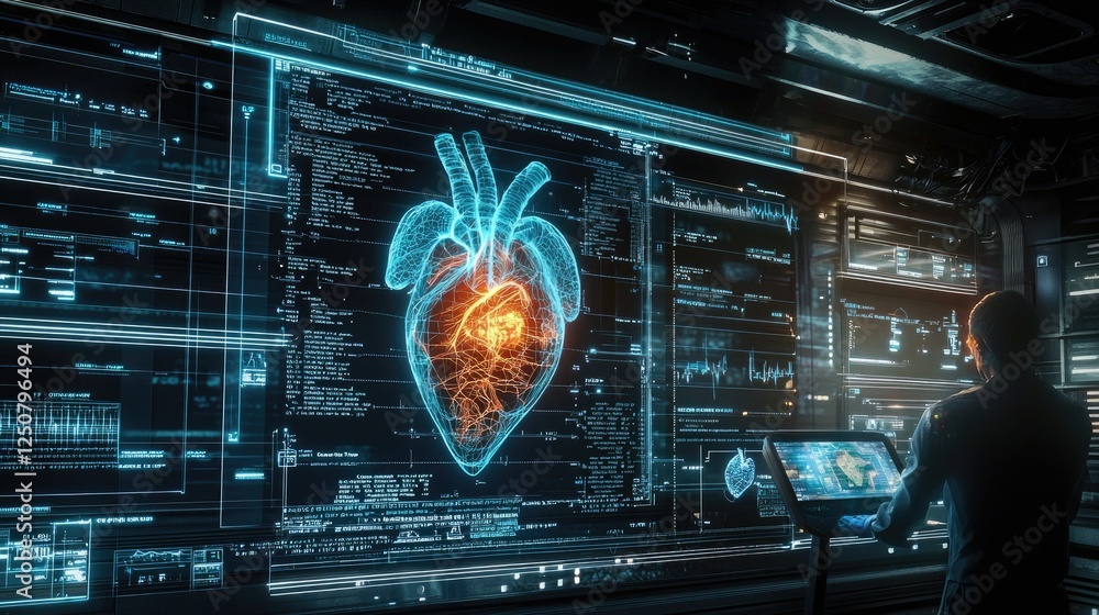 Poster futuristic medical interface with heart visualization and data analysis