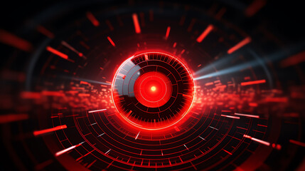 Obraz premium A futuristic abstract design featuring a glowing red circular element surrounded by dynamic lines and particles, representing innovation and advanced technology concepts.
