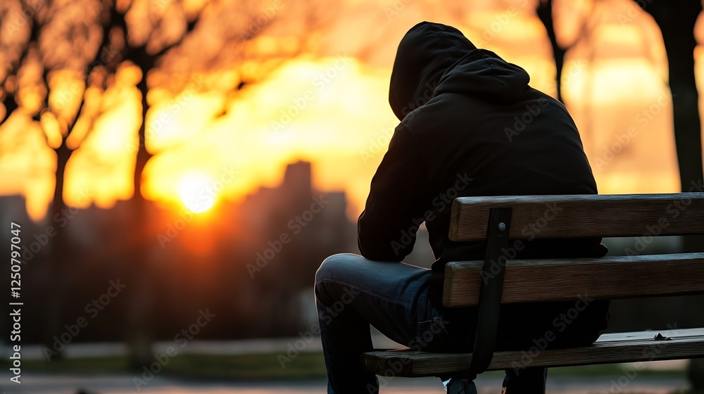 Poster silhouette of a person sitting on a bench at sunset in a city park creating a dramatic scene : gener