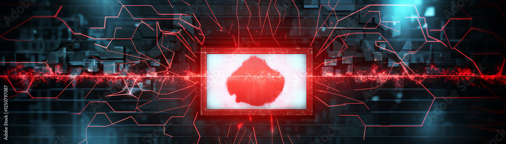 Poster a futuristic digital interface featuring abstract elements and a glowing monitor