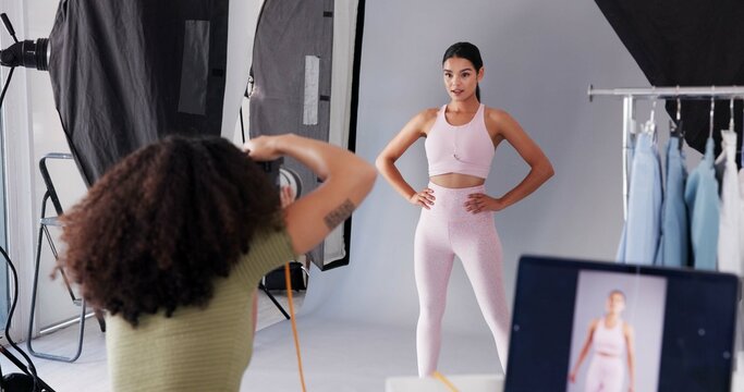 Photography, picture and model with women in studio for branding campaign, athleisure fashion line or promotion. Behind the scenes, ecommerce photoshoot or media launch with people on set for project