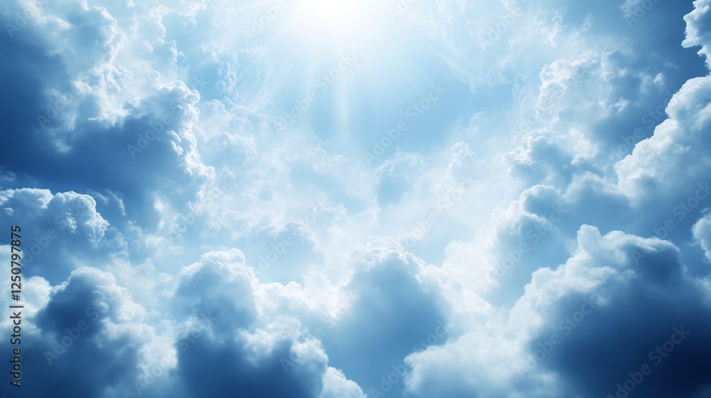 Poster Dramatic cloudscape featuring bright sun rays shining through clouds creating a beautiful sky spectacle : Generative AI