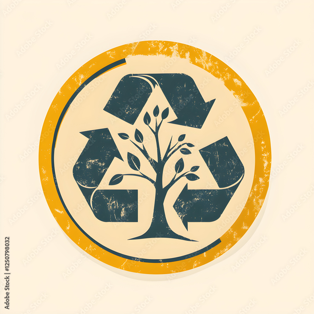 Poster linear icon with recycled paper symbol with a tree