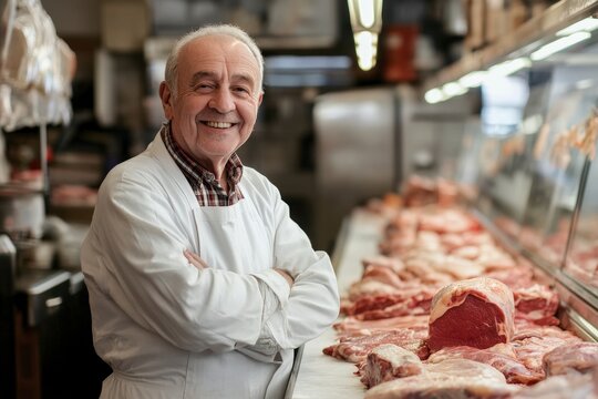 Friendly butcher standing beside fresh meat display in market