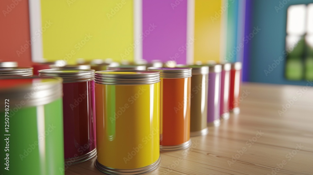 Poster brightly colored cans of paint are neatly arranged on a rustic wooden table, creating an inviting at