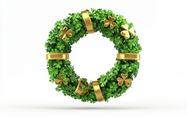 floating clover-filled wreath with golden ribbons and lucky horseshoes for Saint Patricks Day, isolated on white