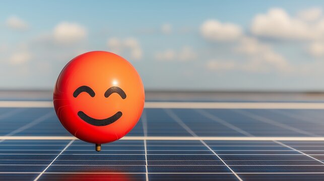 A cheerful red balloon with a smiley face floats above solar panels under a bright blue sky. This image captures the essence of renewable energy and positivity in technology.