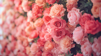 Obraz premium Pink roses on floral wall background