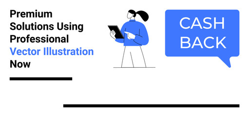 Woman holding tablet device, speech bubble with Cash Back. Ideal for finance tools, e-commerce rewards, online promotions, app advertising, marketing campaigns, user engagement, flat landing page