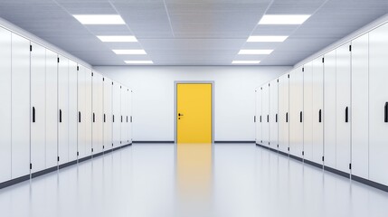 A clean and modern hallway featuring white storage lockers lined up on both sides, contrasting with a vibrant yellow door at the end, creating a minimalist and inviting space.