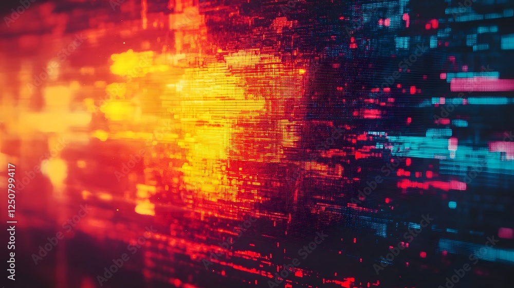 Poster Vibrant Futuristic Digital Backdrop with Glowing Neon Grid Patterns and Luminous Data Visualization  Abstract technological composition with dynamic energy fields electric pulses