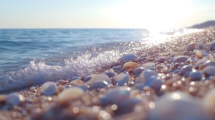 Seashells and Ocean Waves at Sunset: A Serene Coastal Scene