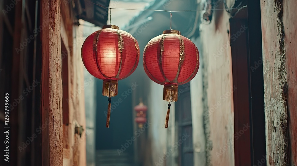 Poster red lanterns hanging in a quaint alleyway of ancient architecture