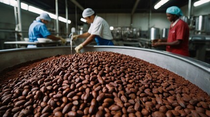 Cocoa Bean Processing: A close-up view of a large vat overflowing with raw cocoa beans,  with workers carefully processing them in a chocolate factory.