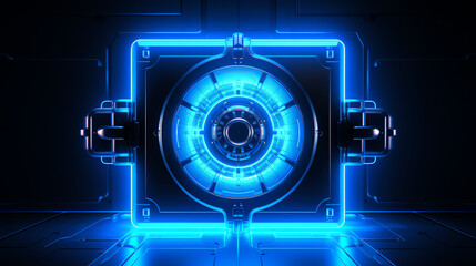 Obraz premium A high-tech digital safe with glowing blue lights, showcasing advanced security features. Ideal for themes of innovation, safety, and modern technology in various projects.