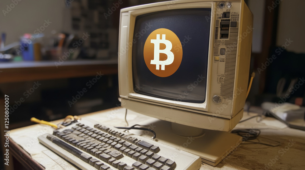Poster bitcoin data exchange, computer crypto mining isolated outline icon. vector computer display with bi