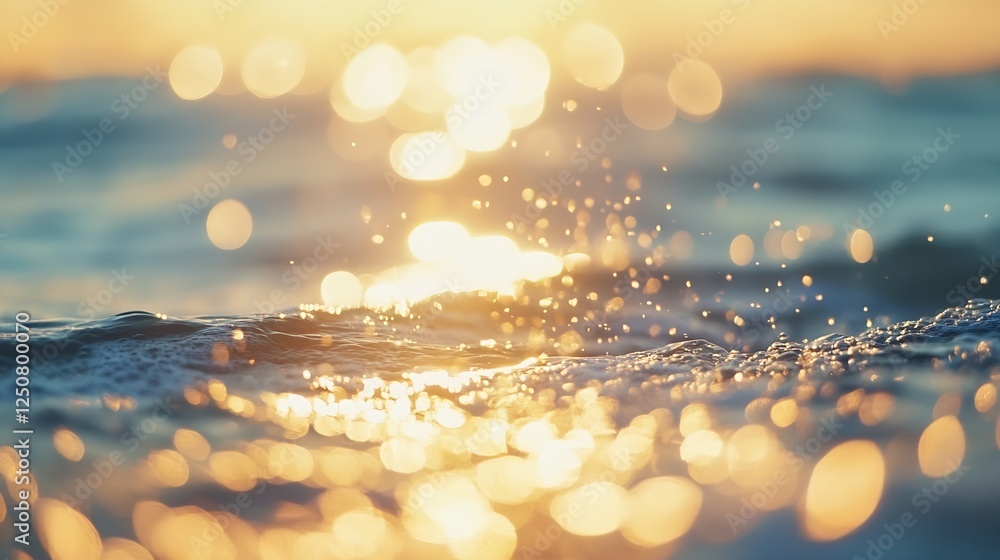 Poster Glistening water surface capturing sunlight with beautiful bokeh effect creating a magical coastal atmosphere : Generative AI