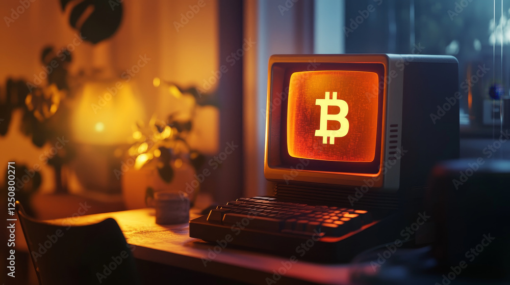 Poster bitcoin data exchange, computer crypto mining isolated outline icon. vector computer display with bi