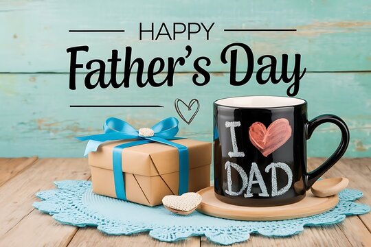 Happy Father's Day Gift - Mug and Present on Wooden Table