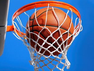 Close up on Basketball Hoop with a ball on sky with clouds background