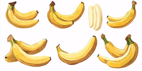 A colorful collection of ripe yellow bananas, some in bunches, some peeled,