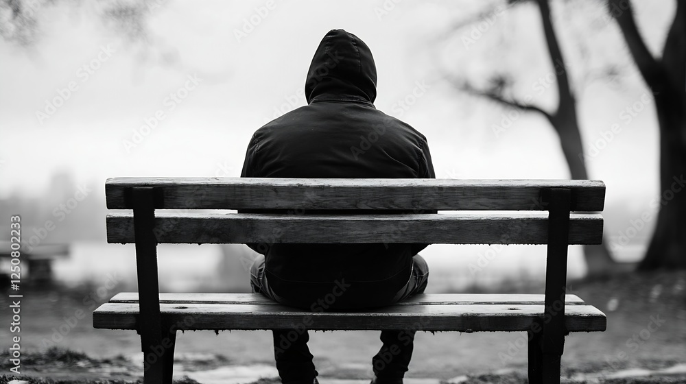 Poster A solitary figure sitting on a bench in a park with a moody atmosphere on a cloudy day : Generative AI