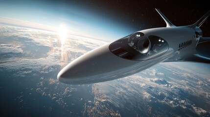 Innovative spacecraft soaring above Earth during twilight, showcasing advanced aerospace engineering and space exploration