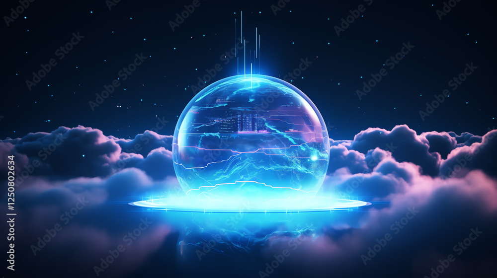 Aufkleber a mesmerizing digital scene featuring a glowing sphere floating above fluffy clouds, illuminated by 