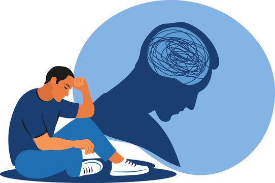 Depressed man sitting on floor on transparent background. Mental health concept. Depression, bipolar disorder, obsessive compulsive, post traumatic stress disorder.