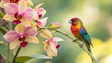 Naklejka na ściany i meble Colorful Bird on Orchid: A vibrant, exotic bird perches on a delicate orchid stem, its plumage bursting with shades of red, yellow, blue and green, creating a stunning visual symphony of nature. 