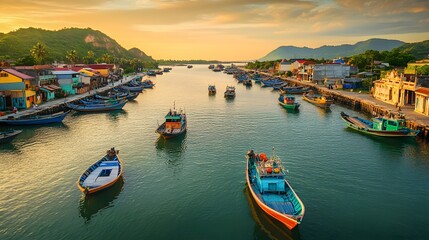 Fototapeta premium Tranquil coastal scene, colorful boats floating in serene water, lush hills in background, perfect for travel and nature themes.