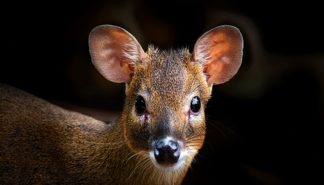 A close up shot of the face of a mouse deer looking straight into camera lens; Mouse deer, Chevrotains or Napuh in Malay;
