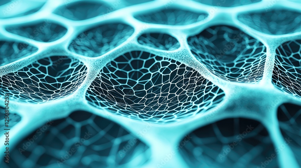 Poster intricate blue and white mesh pattern of biological cell structures