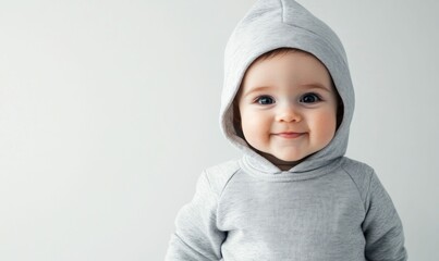 Smiling Baby in Gray Hoodie on a White Background