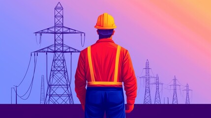 A construction worker in a high-visibility jacket and helmet surveys power lines at sunset, symbolizing dedication, safety, and progress in the energy industry.